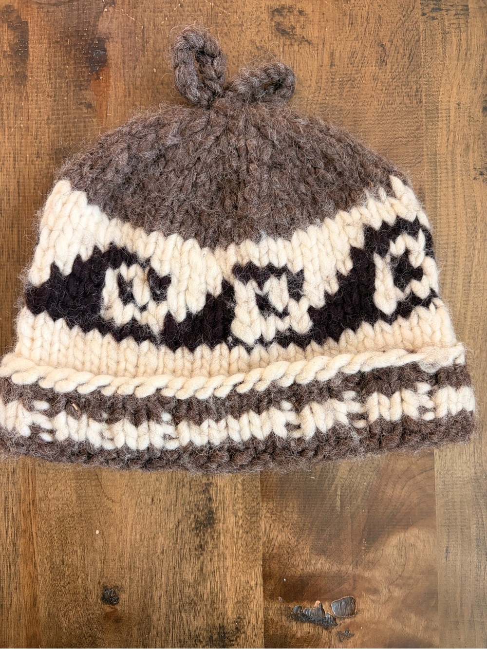 Hand-Knit Cowichan style Beanie Hat - Brown & Cream